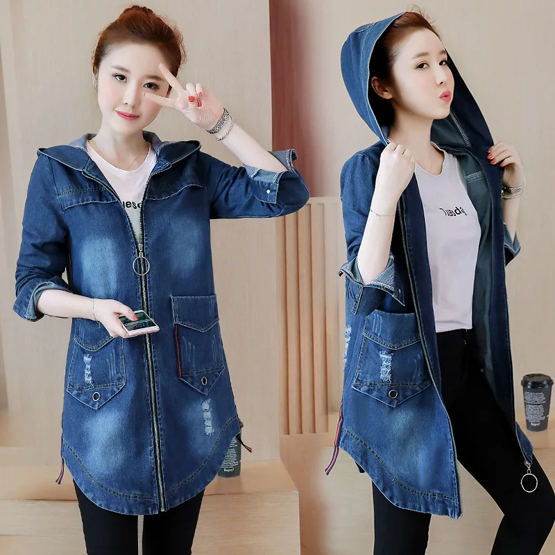 Korean Version of Denim Jacket Women's Mid-length Hooded Hole Loose Large Size Windbreaker Tide 2020 Autumn New Real Shot