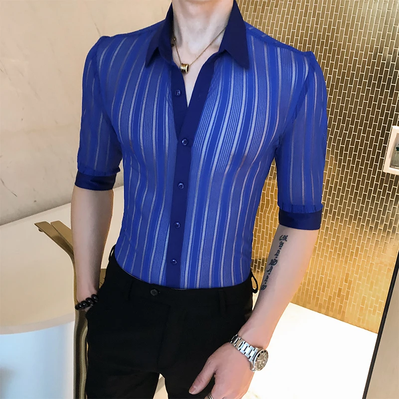 Black White Solid Business Casual Button Down Sexy See Through Slim Fit Shirt Camisa Masculina 2020 Transparent Stripe Shirt Men