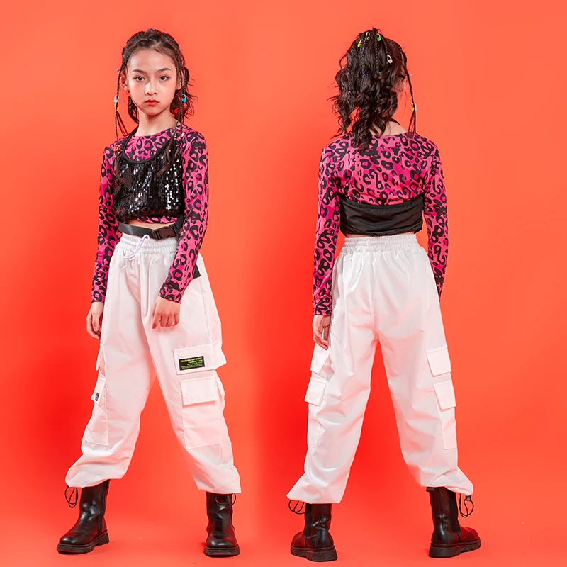 Kids Hip Hop Clothing Stage Leopard Crop Tops Sequin Tank Top Streetwear Tactical Cargo Pants for Girl Dance WearCostume Clothes