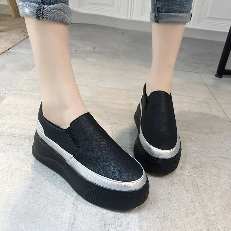 COOTELILIl Autumn Winter Velvet New Fashion Slip On Women Shoes Woman Leather Platform Casual Shoes Women Pumps