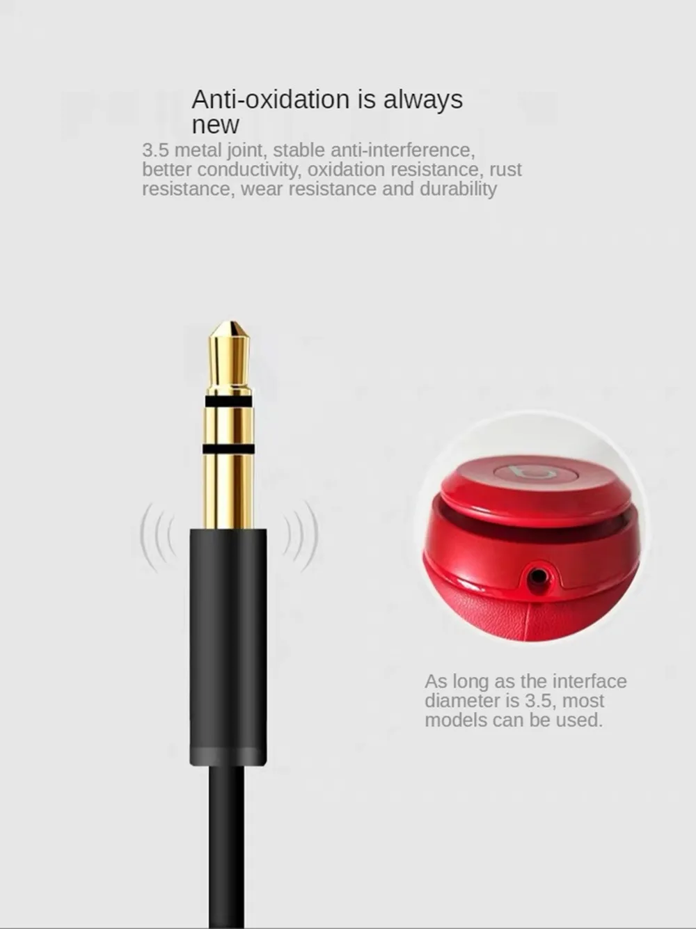 3,5-mm-Kabel für Beats Studio 2.0 3.0 SOLO 2 3 HD Pro MIXR Mikrofon-Headset, hochwertiges 2-Stecker-Verlängerungs-Audiokabel 140 cm – Detail 6