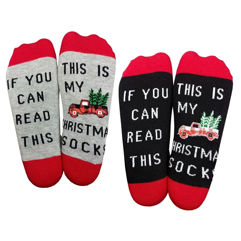 Women Men Novelty Christmas Cotton Crew Socks Funny If You Can Read This Letters Red Truck Printed Mid Tube Hosiery Gift