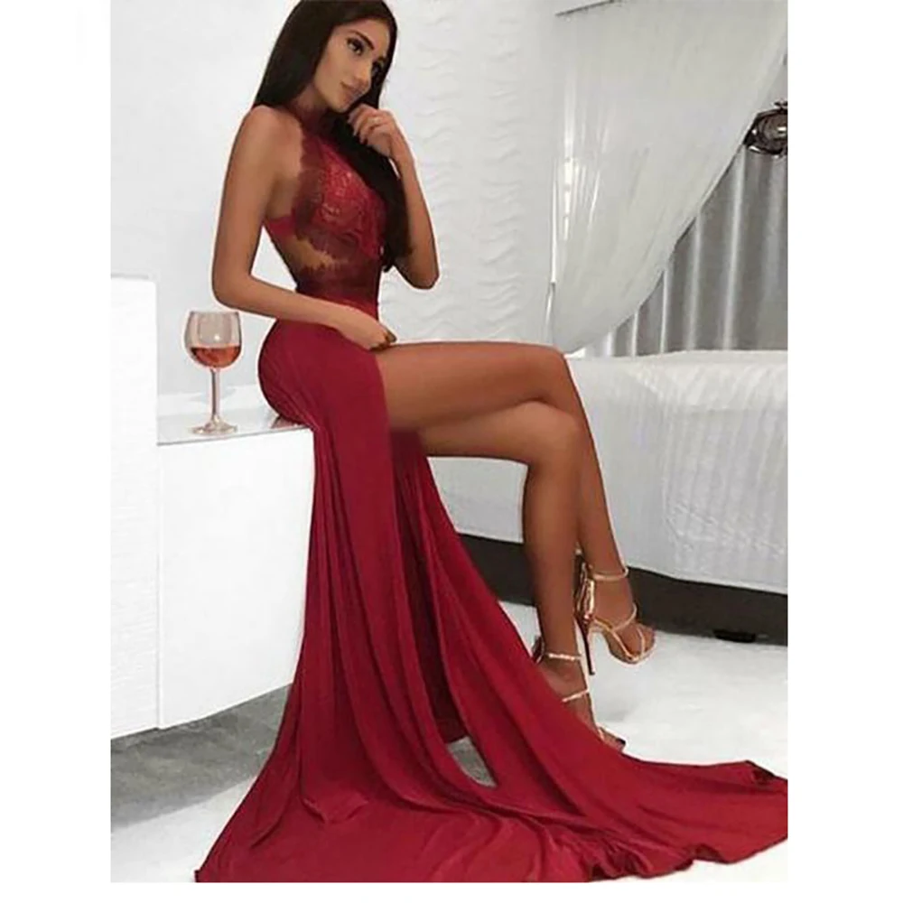 

Burgundy Prom Dresses Mermaid Halter Neck Lace Party Maxys Long Prom Gown High Slit Sexy Evening Dresses Robe De Soiree