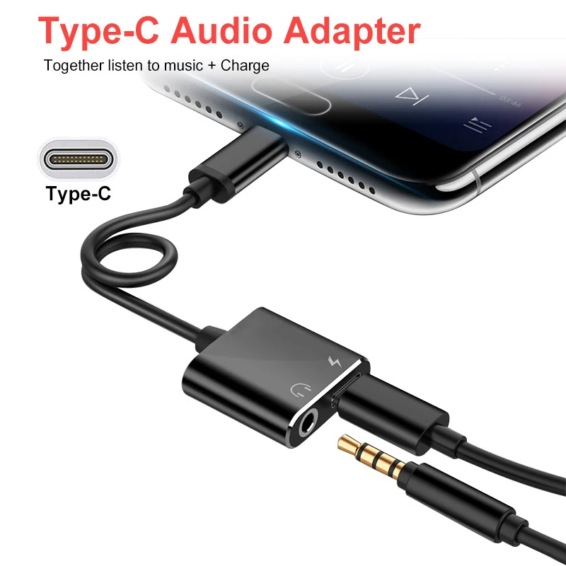 2 in 1 Type C to 3.5MM Audio Aux Adapter Charging Port Two-in-One Type-C Audio Charging AUX Adapter Cable Songs Call Connector