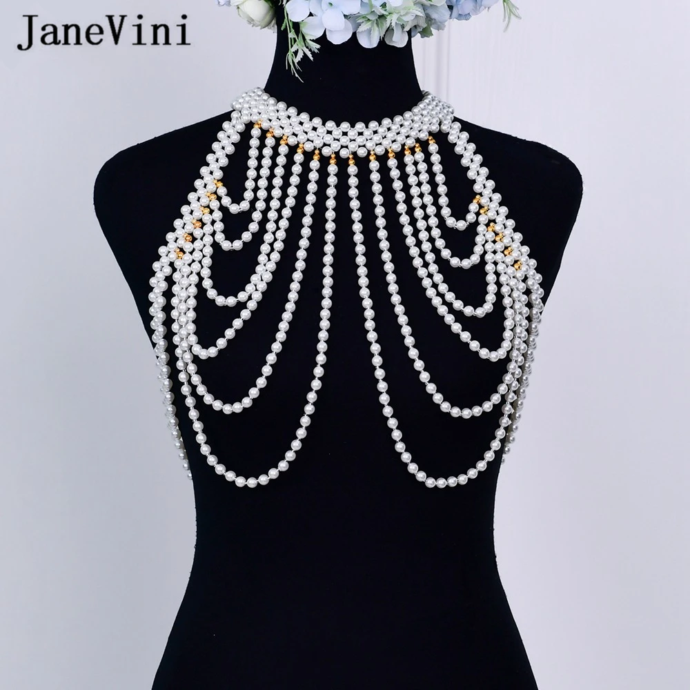 JaneVini Luxury Pearl Shawl 2021 Fashion Shoulder Necklaces Sexy Body Jewelry Women Collar Chain Pendants Necklaces Accessories