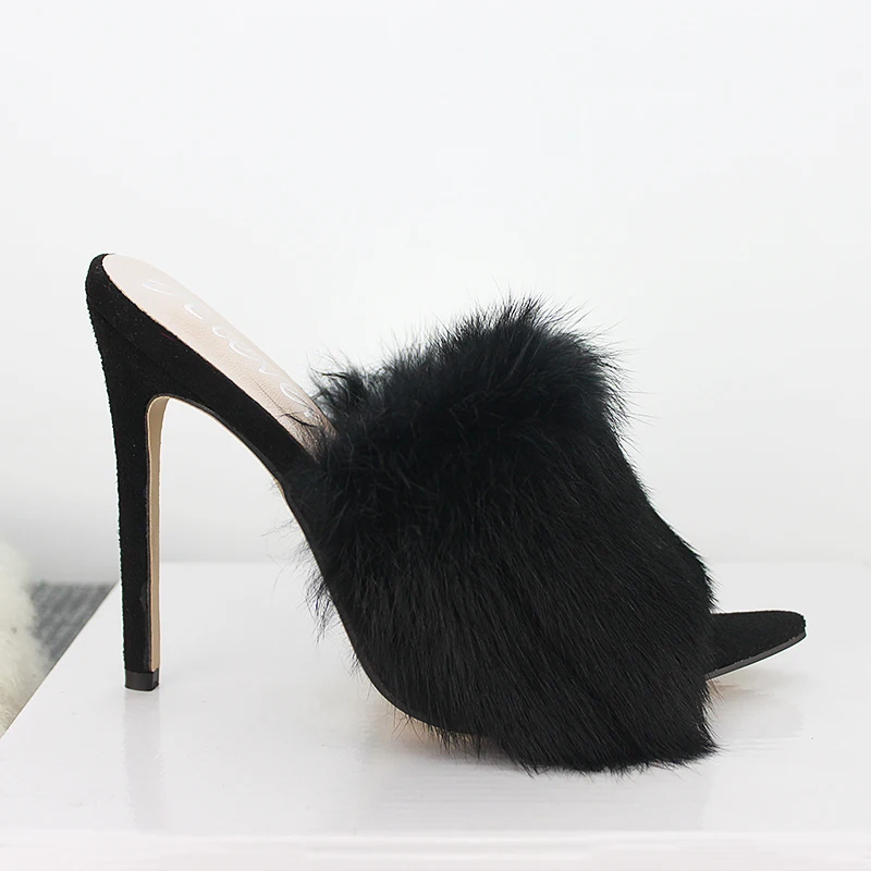 2020 European Station Sandals Candy Color Luxury Rabbit Fur High Heel Sandals Slippers femme Evening Party Women Shoes 35-43