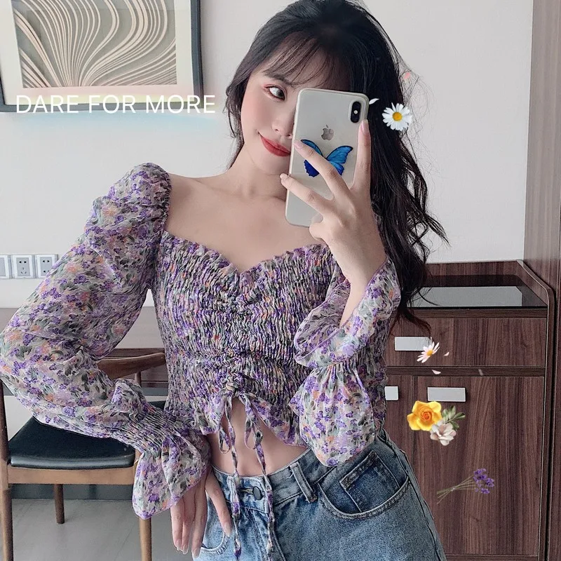 Floral Print Drawstring Crop Top Women Spring Fall Long Sleeve Purple White Chiffon Blouse Shirt Korean Style Ladies Short Tops