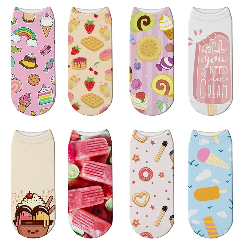 New Creative Design Pink Series Women Short Socks Funny Fruit Ice Cream Food Printed Cartoon Low Ankle Happy Unisex Socks Gifts