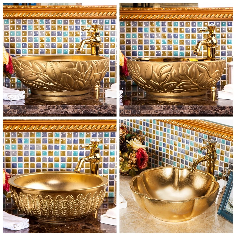 Porcelain Material Golden Carved Art Ceramic Bathroom Sink