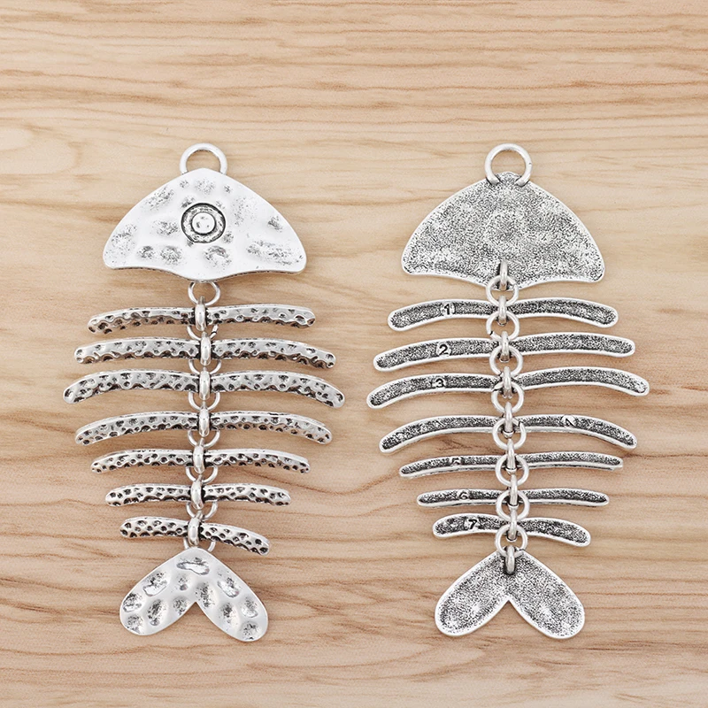 2 Pieces Large Hammered Fish Bone Fishbone Charms Pendants Tibetan Silver Craft for Necklace Jewellery Making 103x57mm