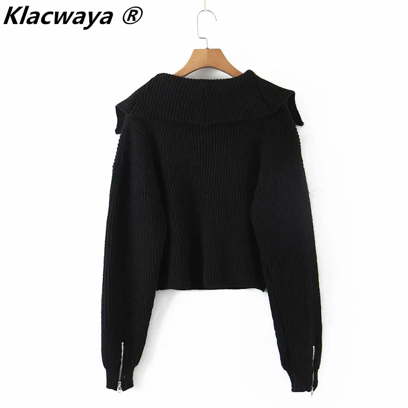 Klacwaya 2021 Woman Fashion Sailor Collar Casual Sweaters Autumn Female Zipper Pullover Knitted Vintage High Street Sweaters