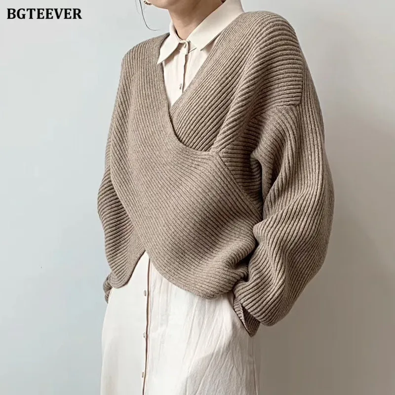 BGTEEVER Fashion V-neck Cross Women\'s Sweater Jumpers Streetwear Loose Knitwear Autumn Winter Solid Female Knitted Pullovers