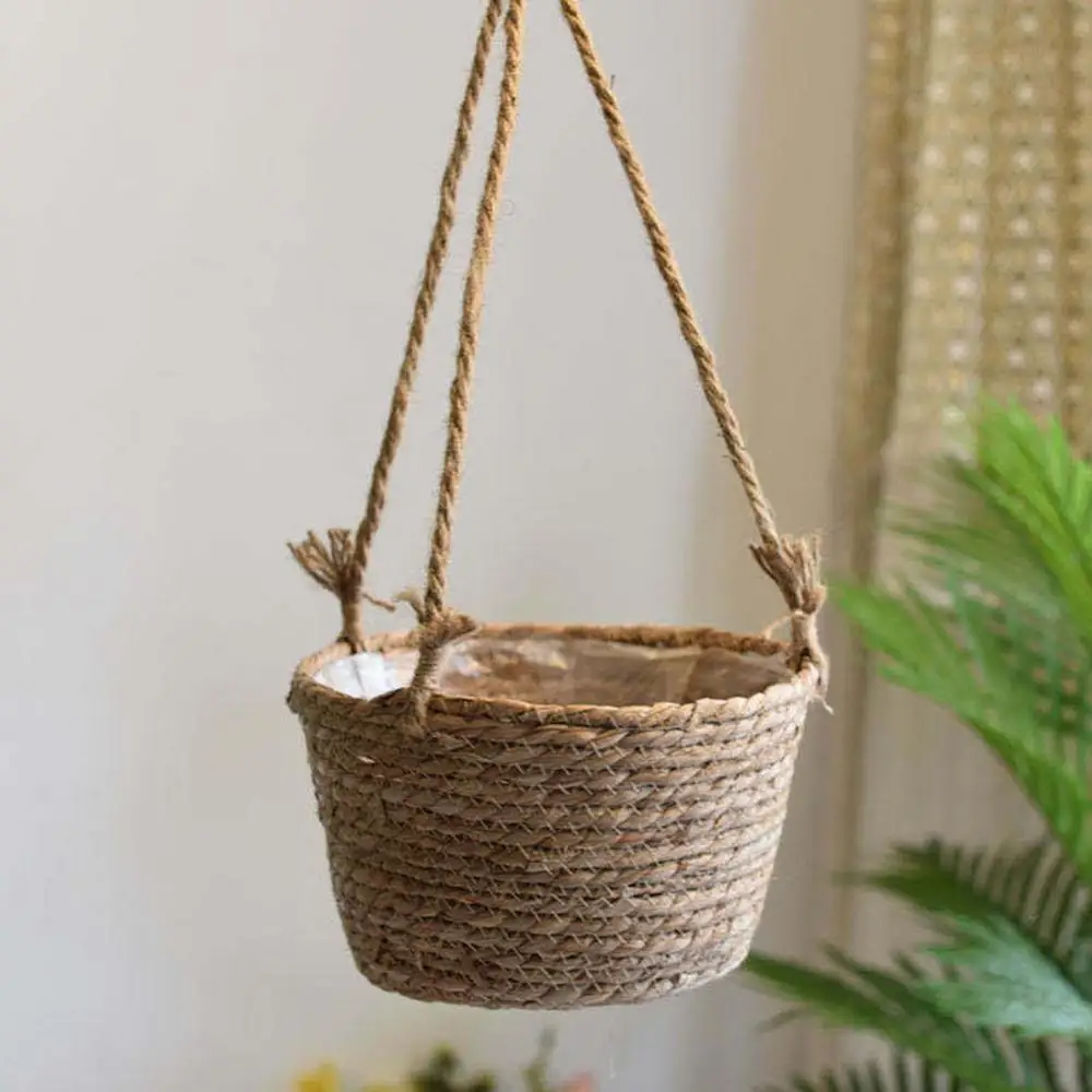 Straw Hanging Planter Basket Indoor Plant Hanging Storage Baskets Hand Knitting Woven Flower Pot Rattan Patio Garden Decoration