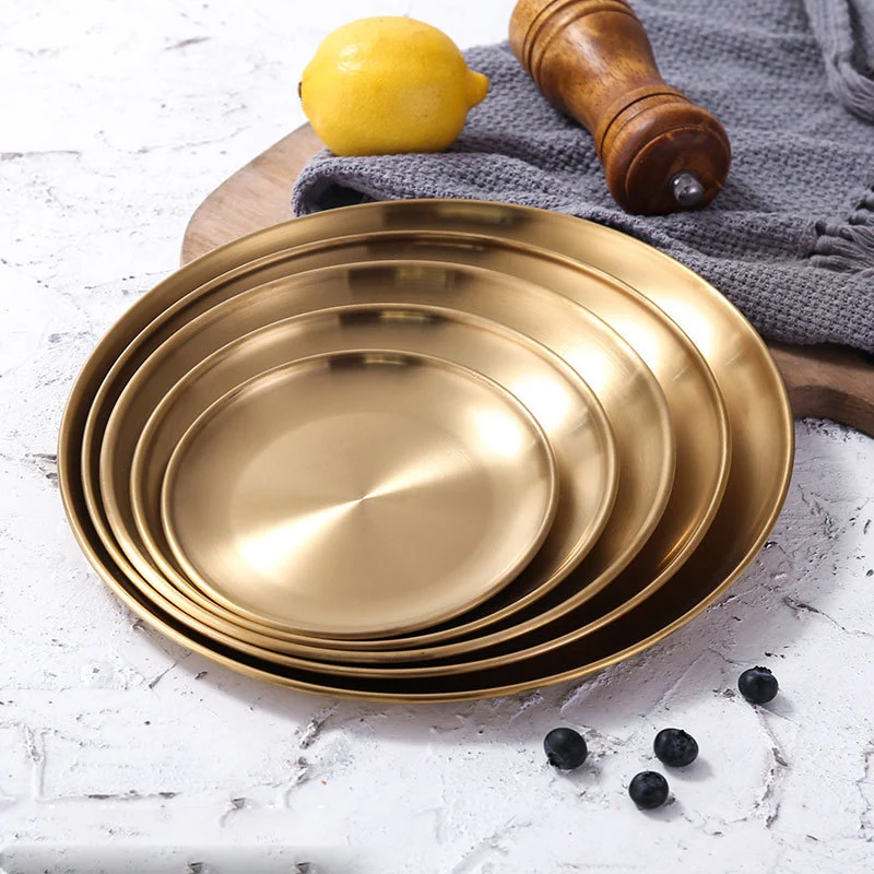 Dinner Plates Gold Dining Plate Serving Dish Round Plate Cake Tray Western Steak Round Tray Kitchen Plates