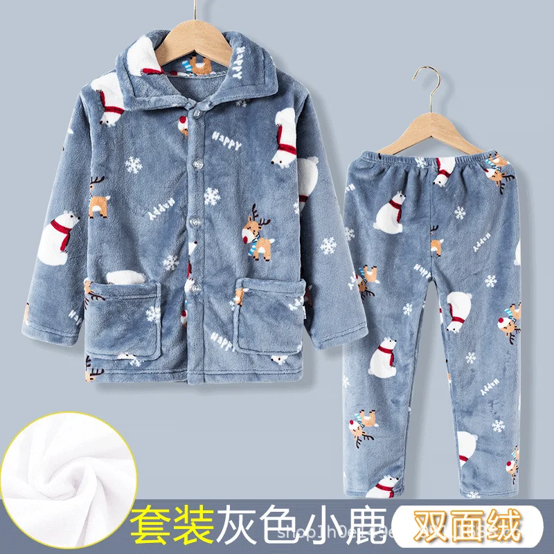 New Kids Boys Girls Autumn Winter Flannel Pajama Sets Cartoon Print Long Sleeve Lapel Tops with Pants Sleeping Clothing Sets