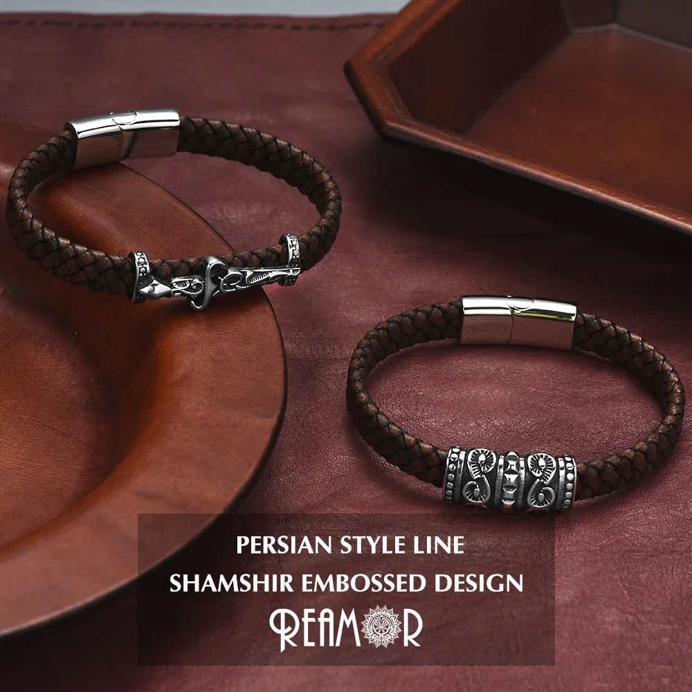 REAMOR Luxury Zircon Persian Courage Sword Knot Spiral Stainless Steel Magnetic Clasp Brown Cowhide Leather Men Women Bracelets