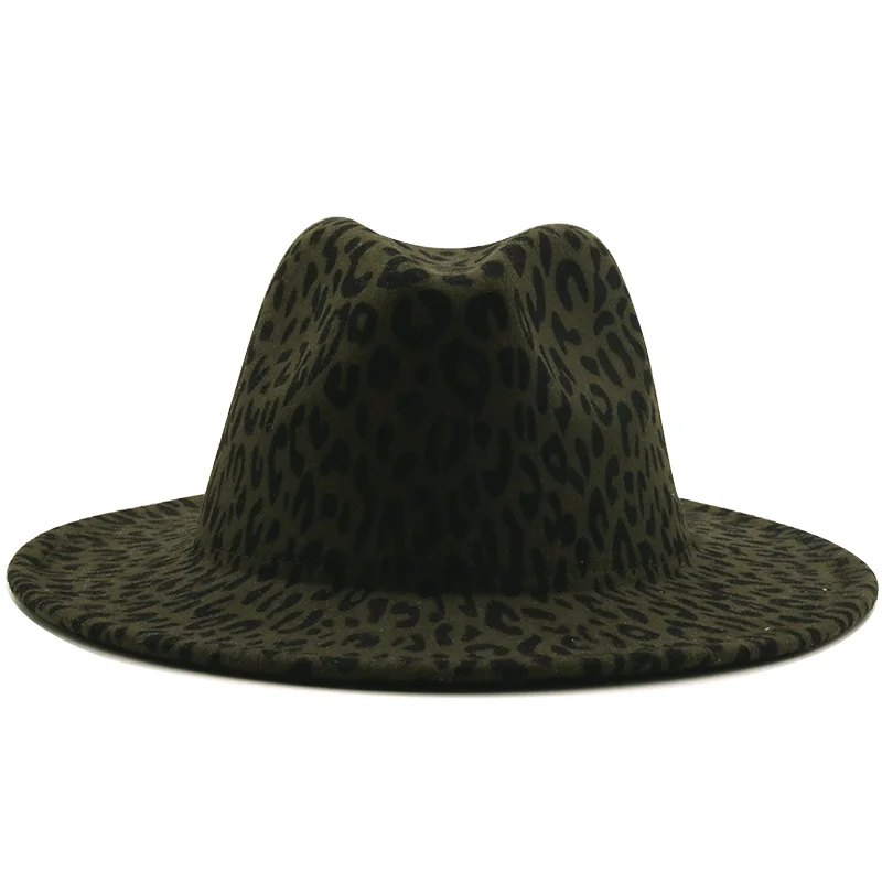 Wide Brim Army Green Leopard Red Bottom Fedora Ladies Wool Felt Hat Women Men Party Trilby Jazz Church Hats Patchwork Panama Cap