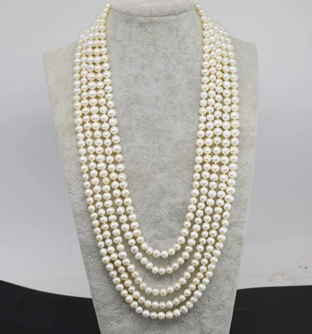 

WOW! 5rows freshwater pearl white near round 7-8mm necklace 18-23inch nature wholesale FPPJ