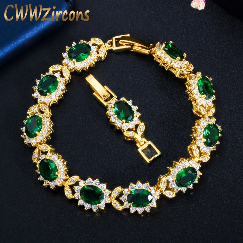 CWWZircons Oval Green Cubic Zirconia Stone Gold Plated Leaf Bracelet Bangle for Women African Dubai Bridal Party Jewellery CB205