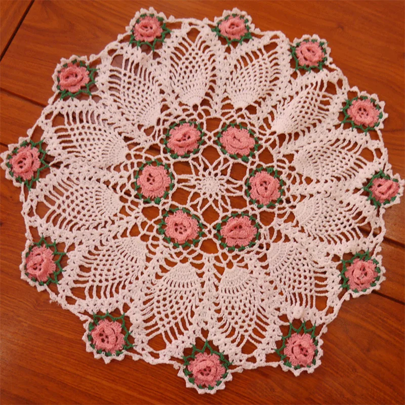 48CM Hot Pink Cotton Placemat Cup Coaster Mug Kitchen Wedding Table Place Mat Cloth Lace Crochet Tea Coffee Doily Handmade Pad