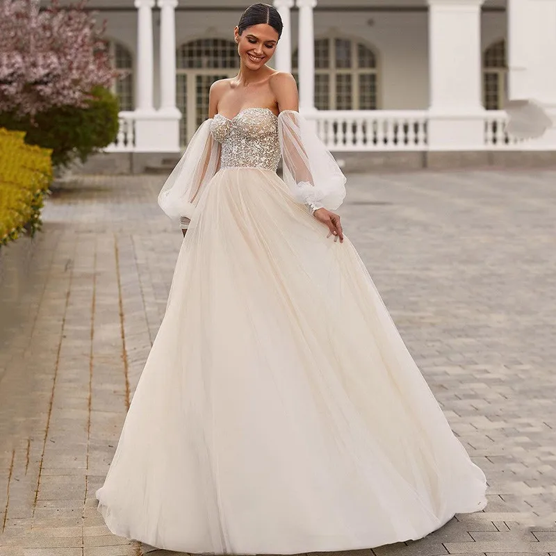 Champagne Trouwjurk 2021 Bladerdeeg Mouw Bruidsjurken Kralen Strand Land Bridal Jurken Robe De Mariee Vrouwen Couture