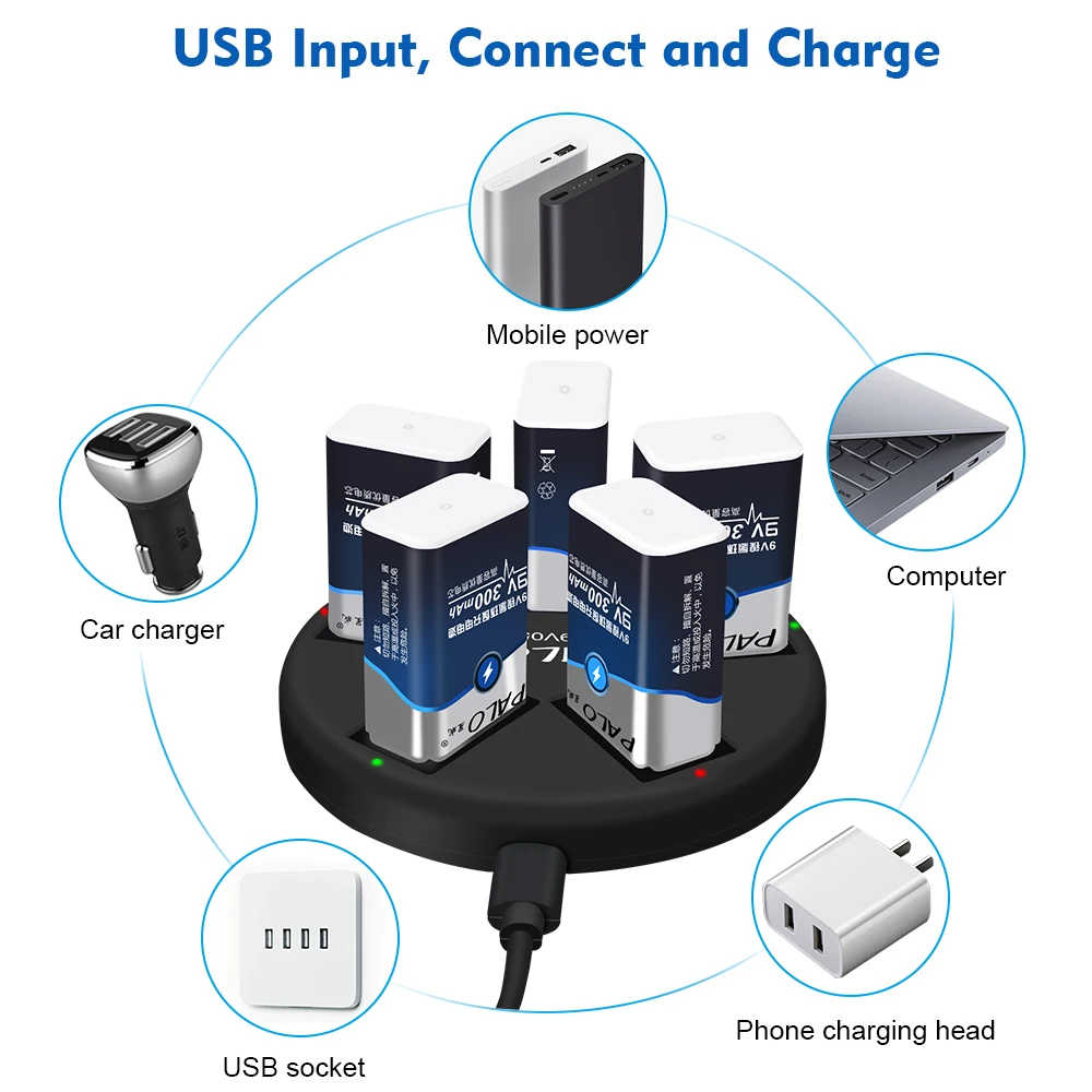 PALO 9V Li-ion Ni-MH akumulator z ładowarką do baterii 5 gniazd ładowarka usb pasuje do 9V litowo-nimh nicd 6F22 akumulator