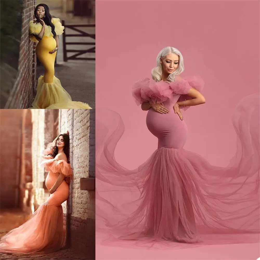 

Elegant Long Mermaid Celebrity Dresses Plus Size Off Shoulder Ruffle Sweep Train Maternity Gowns Pregnant Women Party Dress