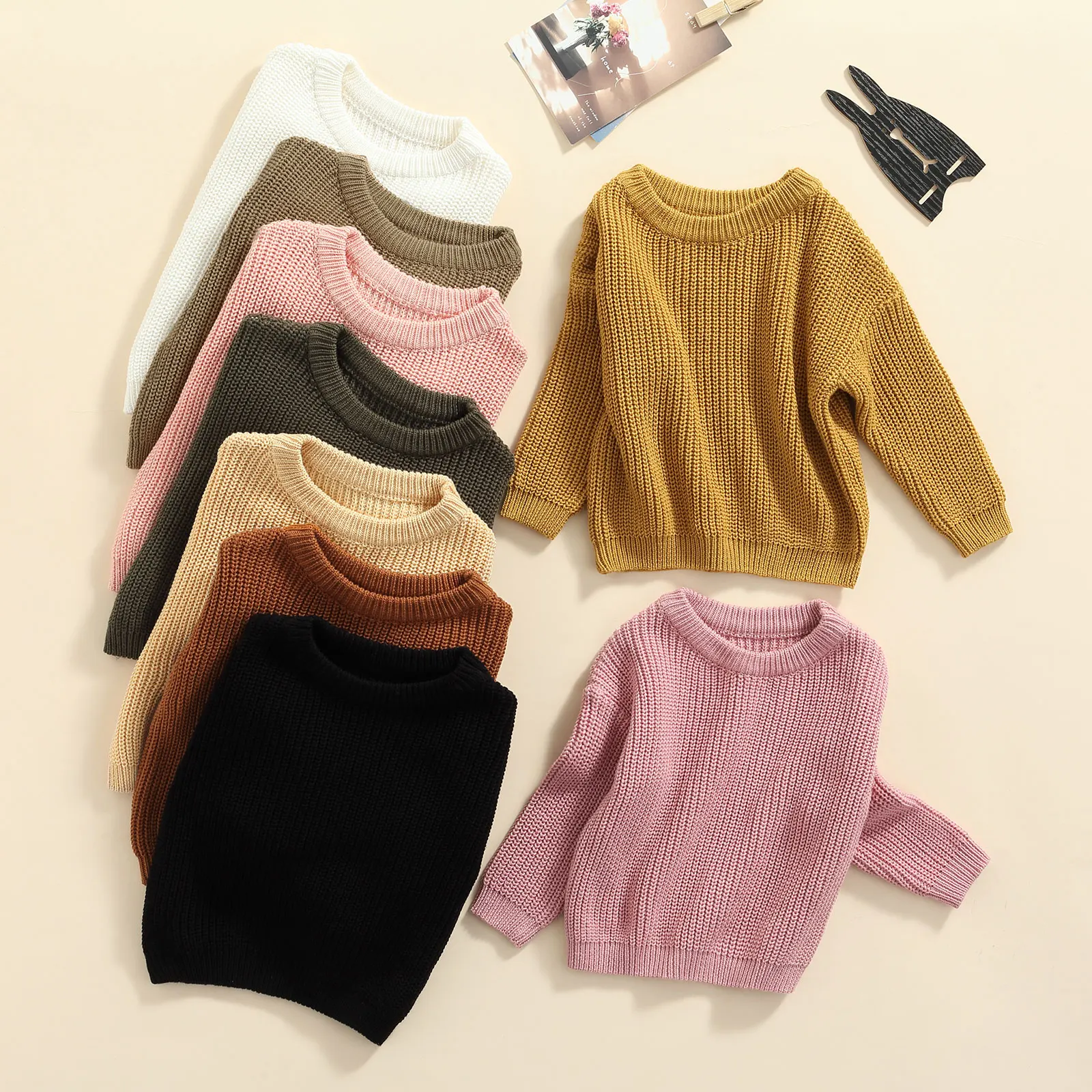 VISgogo Baby Sweater Autumn Winter Infant Boys Girls Solid Color Long Sleeve Loose Casual Knitted Pullovers Tops 9 Colors