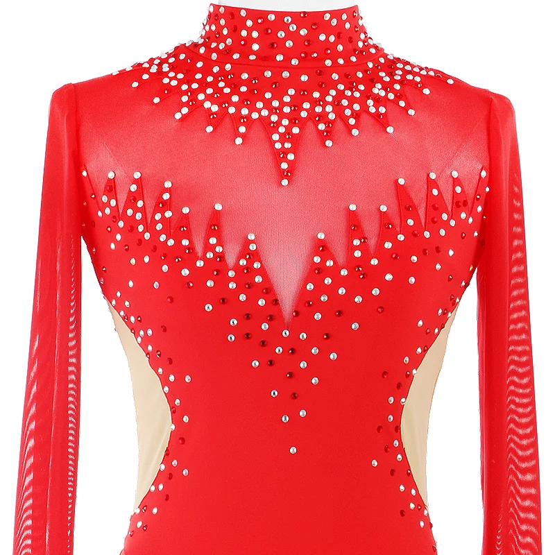 Custom Figure Skating Dress Red Cheongsam Ice Skating Clothes Shiny Rhinestones For Girl And  Woman