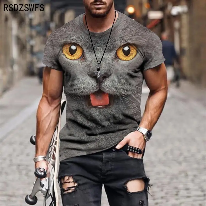 New 3d Printing Personality Cute Cat Animal Men\'s Street Casual T-shirt Sports Tide Men\'s Young Handsome T-shirt Top