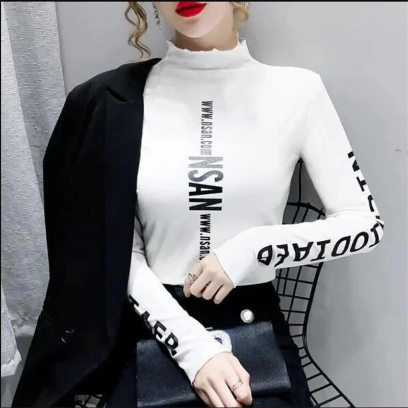 Mid-high-neck Bottoming T-shirt Elastic Inner Ride Femme Tee Tops autumn winter warm letter printing Streetwear Women\'s T-shirts