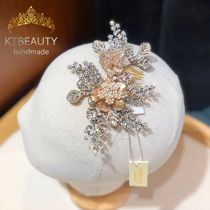 KTBEAUTY Bridal Headpiece Crystal KC Gold Color Flowers Leaves Zinc Alloy Hair Comb 2023 New Women Hair