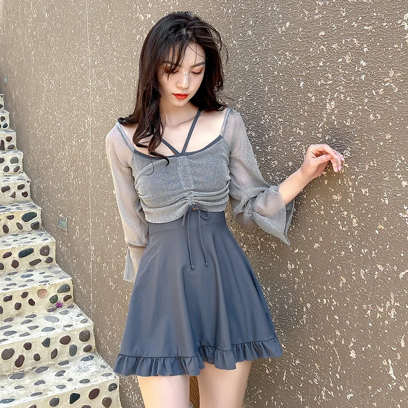 2021 New Arrival Korean Women Long Sleeve Swimwear Summer Women One Piece Swimsuit Swimskirt Swimming Skirt Beachwear