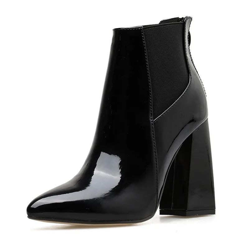 Thick High Heels Women Ankle Boots Square Toe Zip Footwear PU Patent Leather Female Boot Shoes Woman  New Black 2021