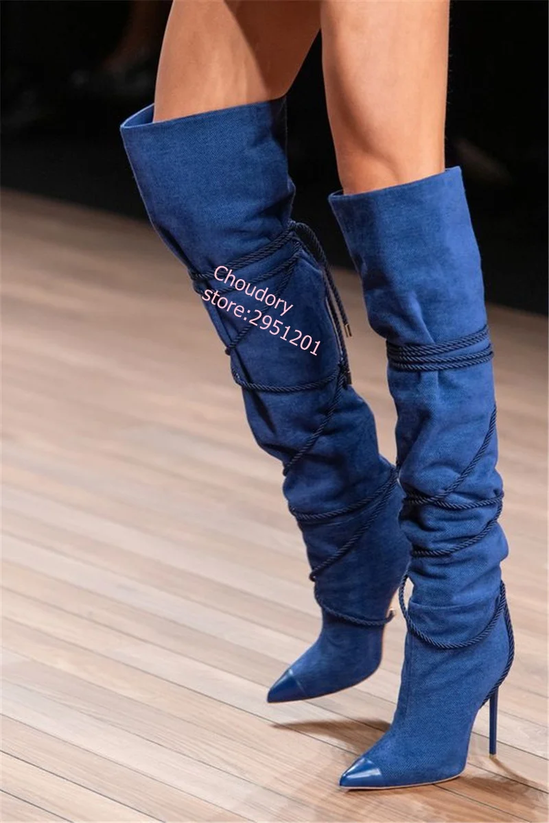 

Pointed toe super high heels women thigh high boots blue over the knee high long boots thin heel winter boot