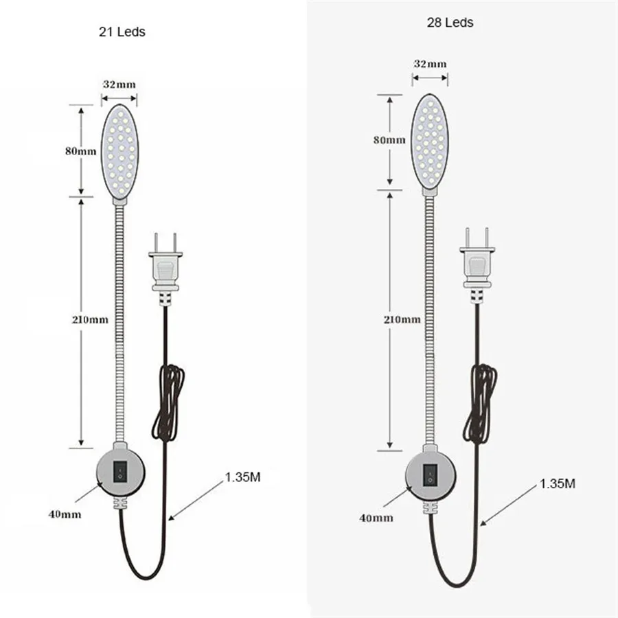 EU/US Plug 21/28 LED Machine à coudre lumière Dimmable et interrupteur marche/arrêt AC100-240V lumière de travail intérieure tours de base de montage magnétique