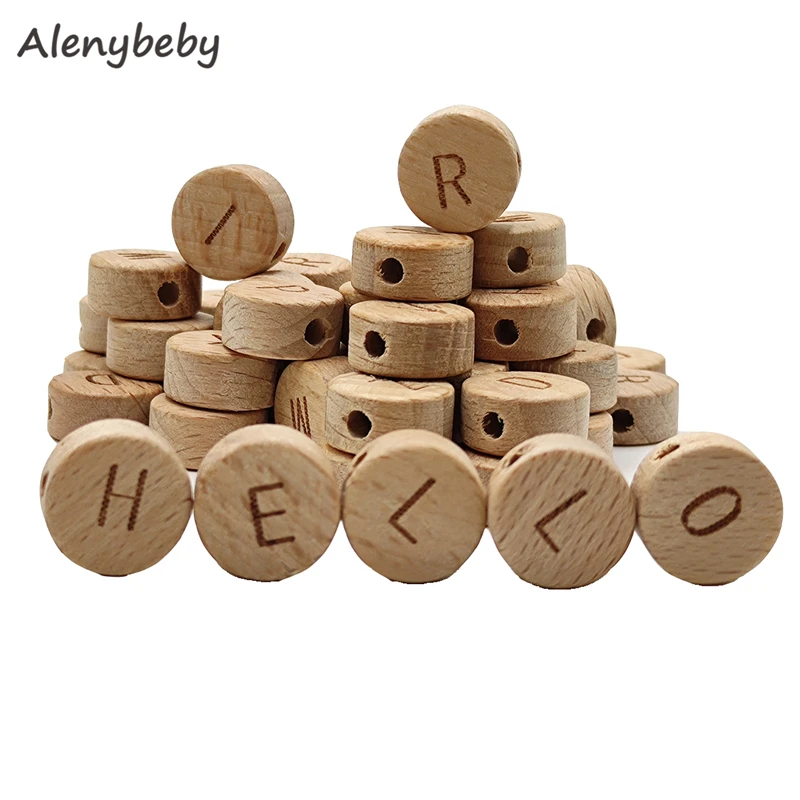 

Oblate Wooden Alphabet Beads Chewable 15mm Letter Loose Bead Unfinished Beech Round Wood chip DIY Teething Accessories for Craft