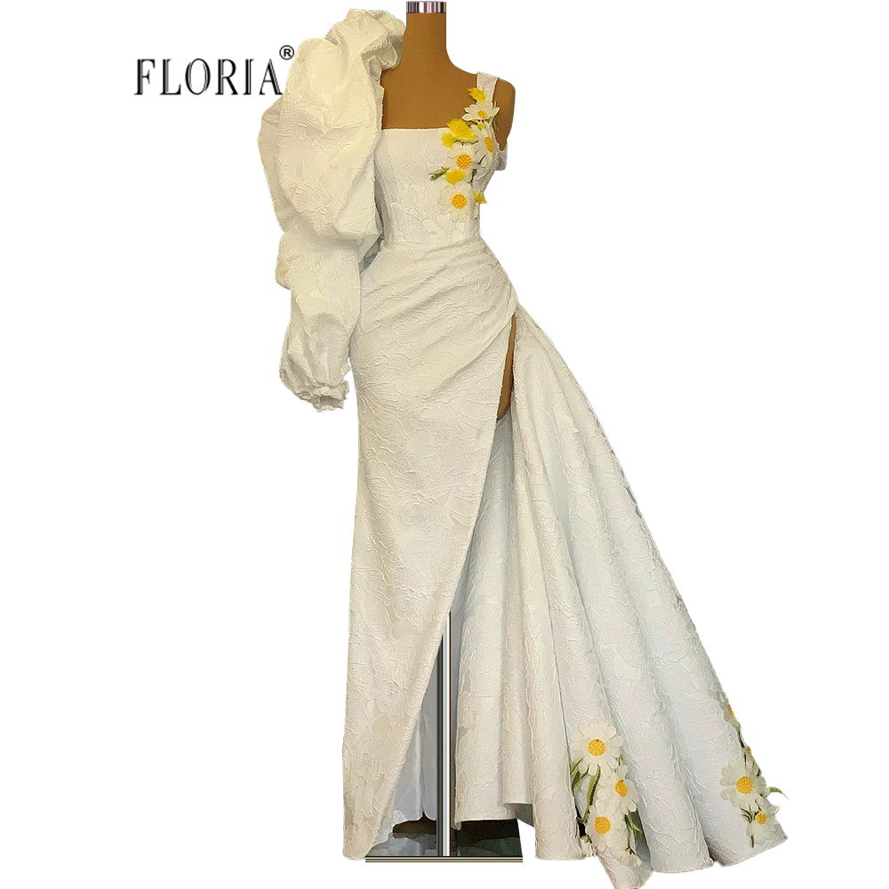 Abito da sera Applique con maniche a sbuffo bianco primaverile 2022 abito da sposa da donna con lato diviso più nuovo Vestido Custom Made