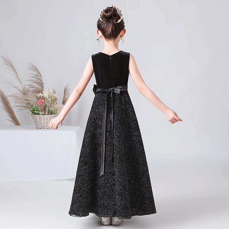 Dideyttawl Schwarz Mädchen Formale Kleid Lange Samt Bling Rock Junior Prinzessin Kleid Für Hochzeit Abend Party Teen Kinder