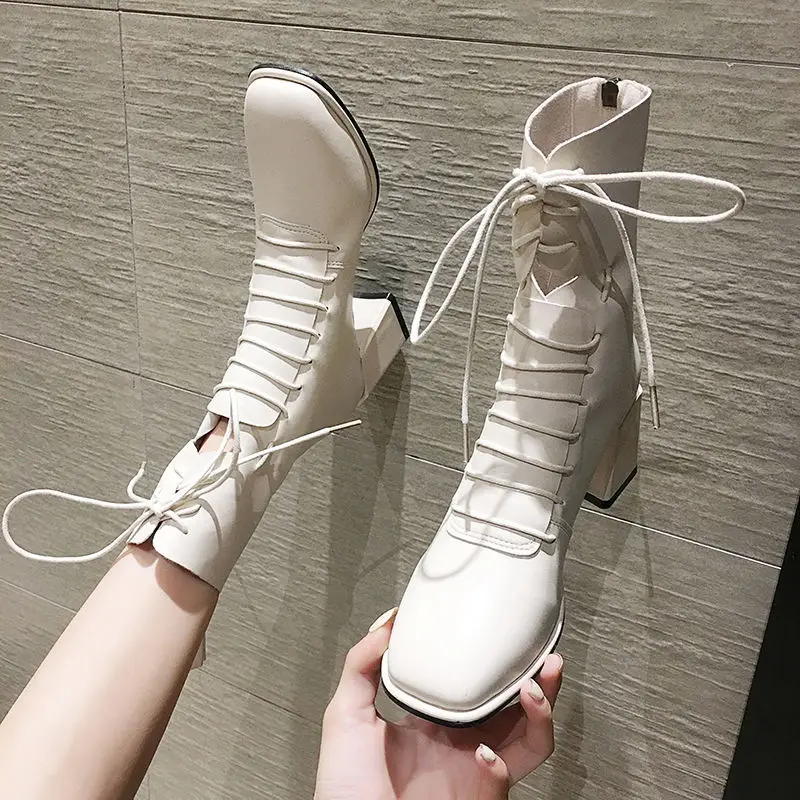 Spring Women White Boots Autumn Fashion Black Leather Platform Gothic Boots Punk  Mid-Calf Boots for Women56gh