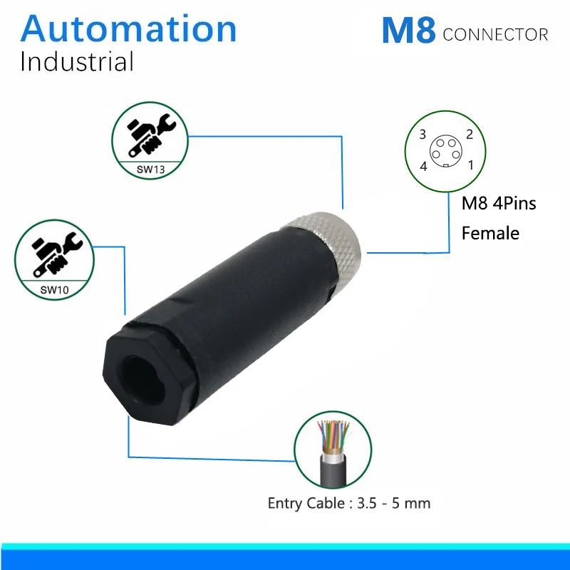 M8 Connector, 4Pin, Female,  IP67，CE, ROHS