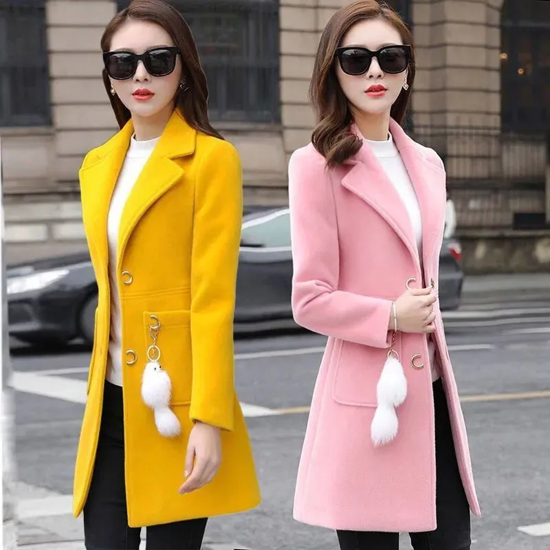 2024 Autumn Winter Ladies New Version Of The V-neck Solid Color Woolen Coat Women\'s Mid-Length Slim Thin Woolen Coat