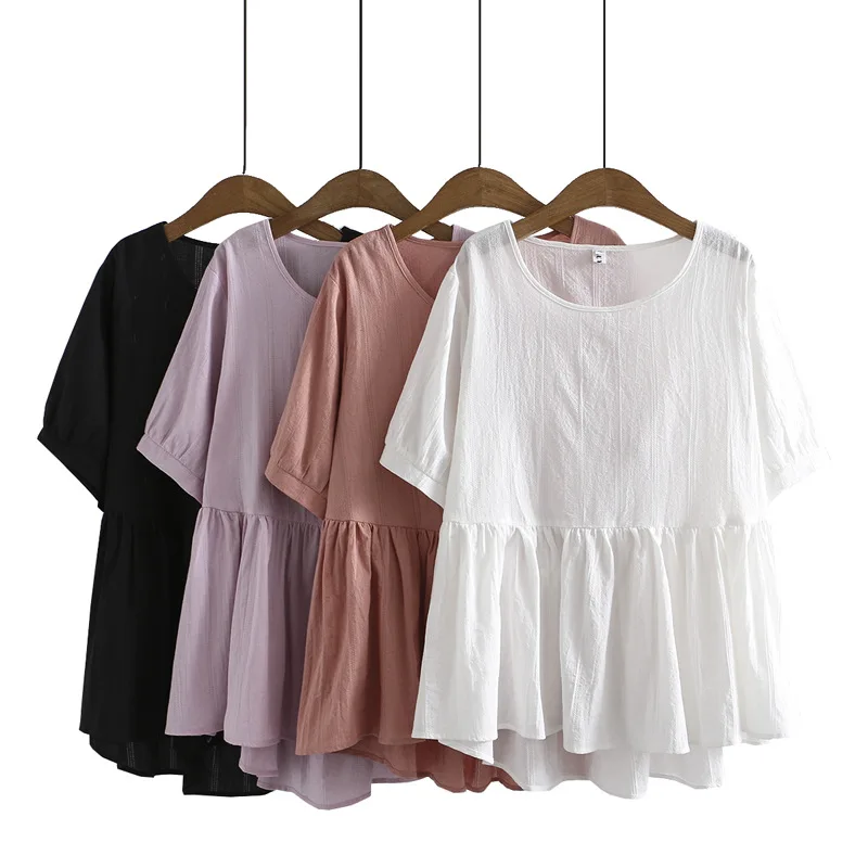 Blusas e camisas femininas roupa de verão tamanho grande novo 2021 mostrar fino solto algodão jacquard tops com mangas curtas