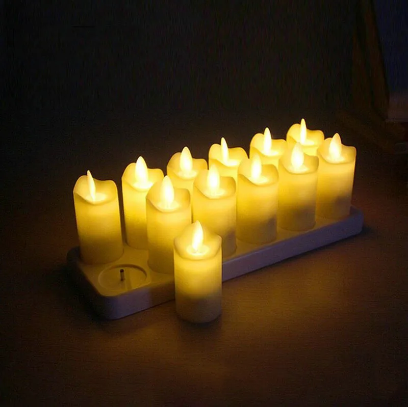 12pcs Flickering Flameless Candles Moving Dancing Wick Rechargeable Tea Light LED Candles Pillar Electric Lights Home Party Deco