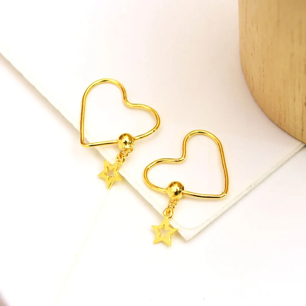 

New Solid Pure 24K Yellow Gold Earrings Women Heart Star Hoop Earrings 1.6-2g 17*8mm