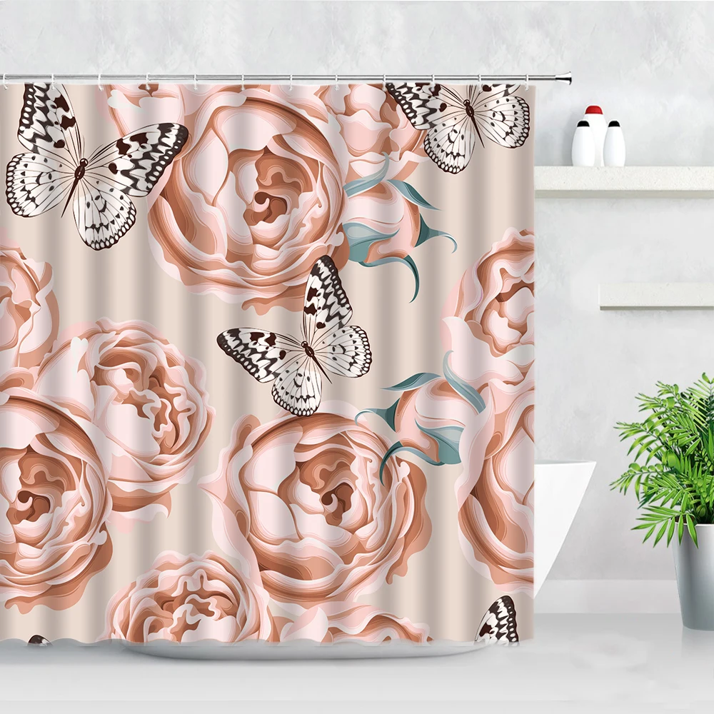 3D Pink Floral Shower Curtain Set Peony Rose Flowers Butterfly Pattern Natural Waterproof Fabric Bathroom Decor Bath Curtains