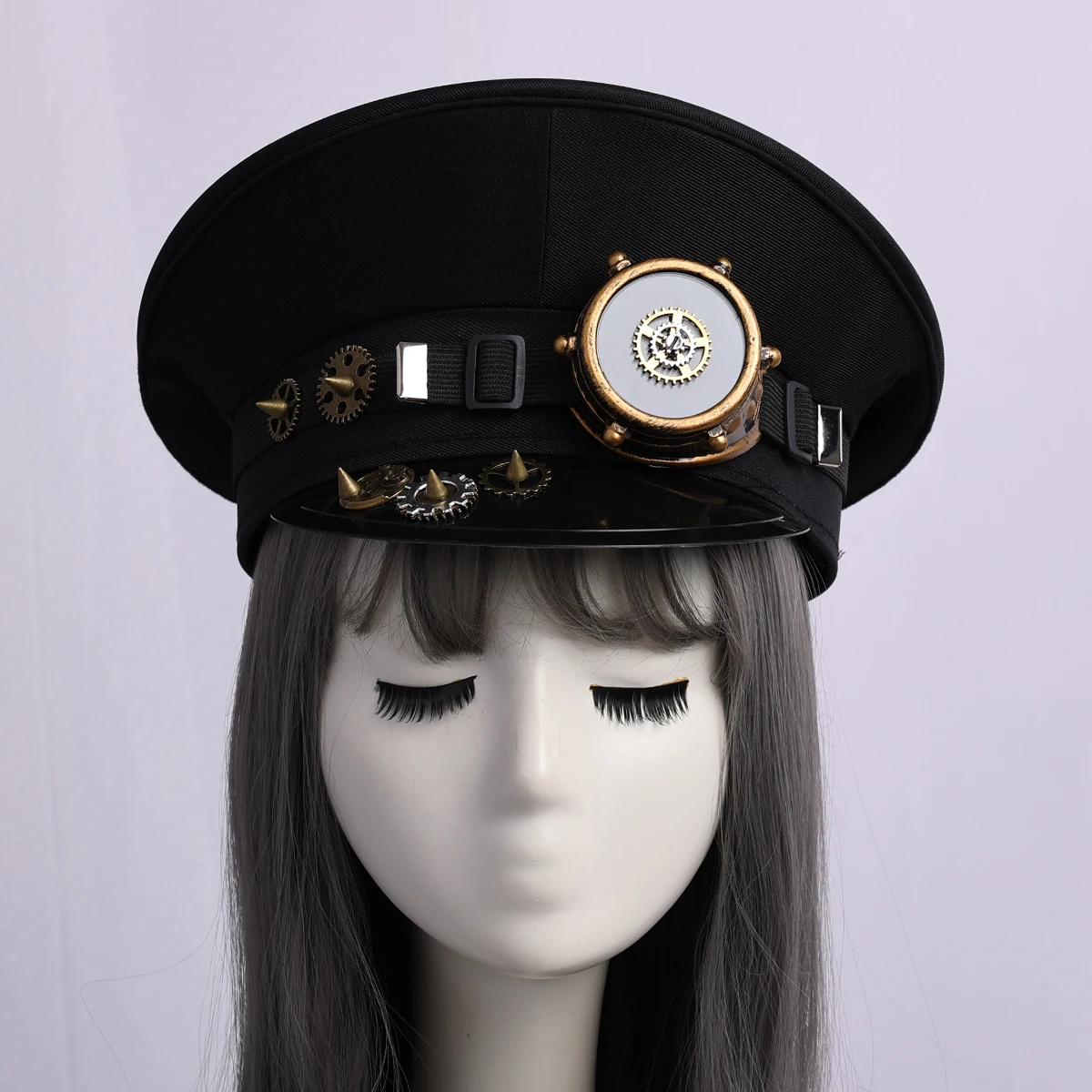 Women Men Punk Military Cap Hat Black Goggles Steampunk German Police Flat Hat Performance Show Club Cosplay Captain Hat