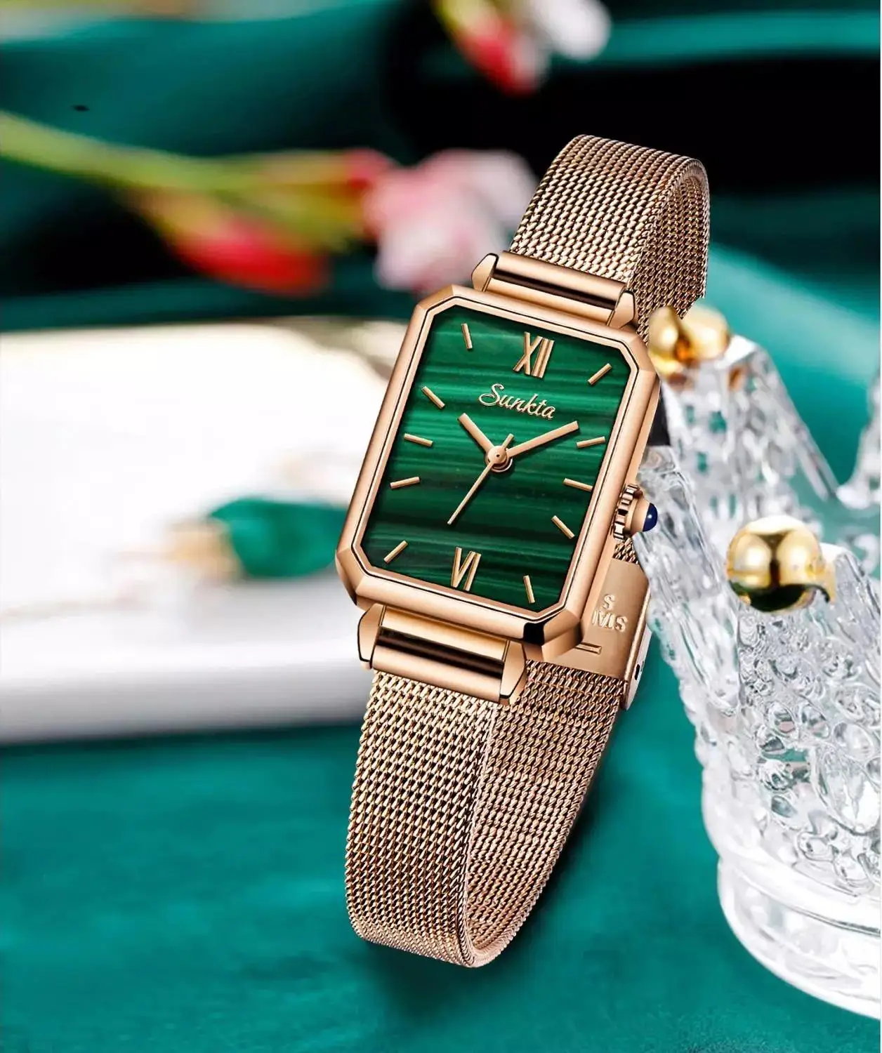 SUNKTA Watch Women Watches top brand luxury fashion rectangular small green watch ladies ultra-thin waterproof Quartz Wristwatch