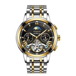 WISHDOIT nuovo orologio da polso meccanico da uomo in acciaio inossidabile GMT di lusso orologio da uomo impermeabile con scheletro Tourbillon di marca superiore