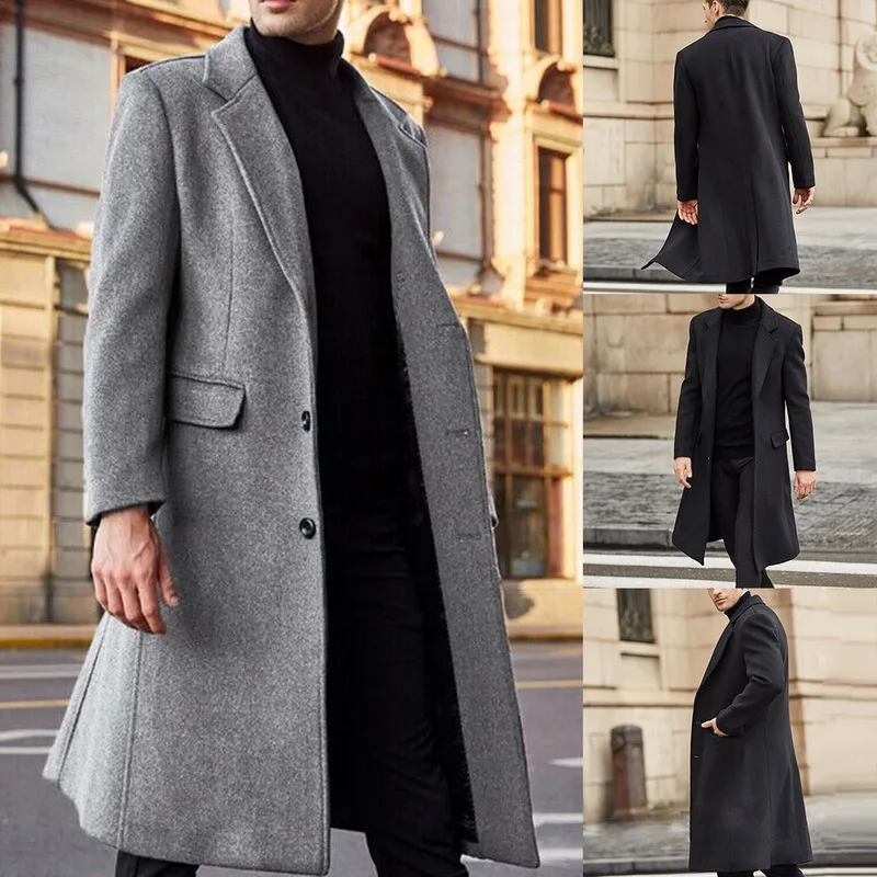 

Autumn Winter Spring Solid Color British Men's Long Windbreaker Woolen Coat Men's Woolen Coat